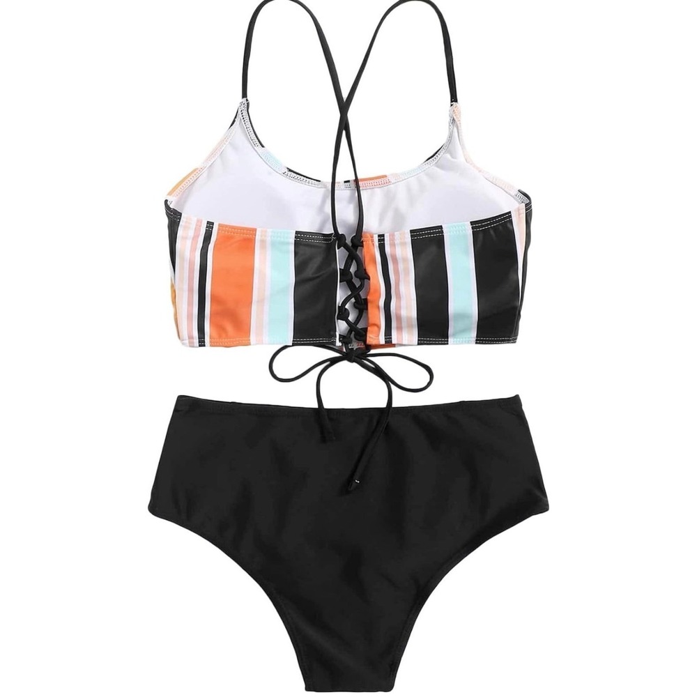 SweatyRocks Bathing Suits Striped Criss Cross Bikini Set High‎ Waisted Swimsuit - Picture 2 of 6